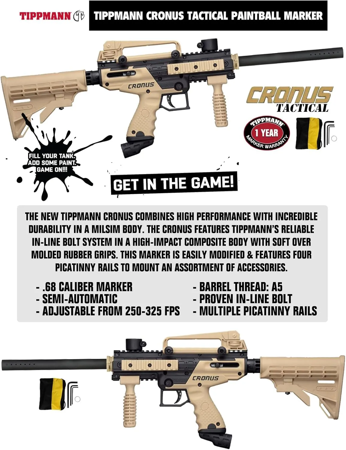 Maddog Tippmann Cronus Tactical Bronze Paintball Marker Starter Package