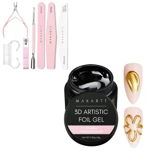 Makartt 3D Nail Foil Glue, 8ml Foil Transfer Gel Foil Adhesive Glue Bundle with Nail File and Buffer, Pink Basic Nail Prep Kit with Cuticle Trimmer, Beginner Manicure Kit Nail Care Kit
