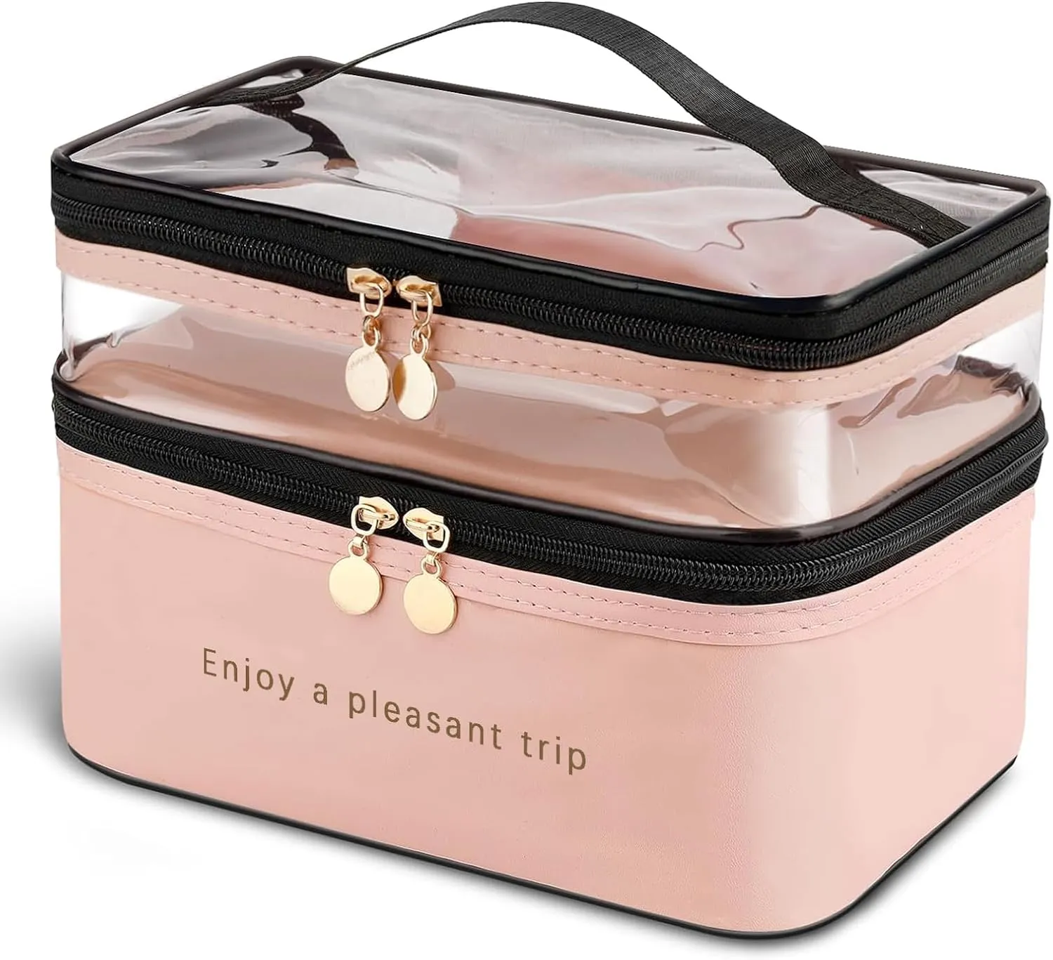 Makeup Bag, Double Layer Cosmetic Case Organizer, Girls Toiletry Bag, Clear Waterproof Cosmetic Bags, for Women Traveling Accessories Bottles, Brushes, Skin Care Products (Orange Pink)