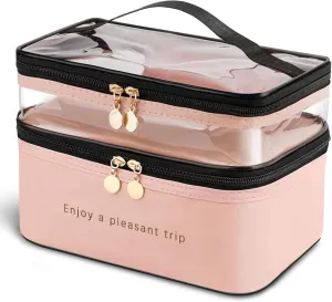 Makeup Bag, Double Layer Cosmetic Case Organizer, Girls Toiletry Bag, Clear Waterproof Cosmetic Bags, for Women Traveling Accessories Bottles, Brushes, Skin Care Products (Orange Pink)