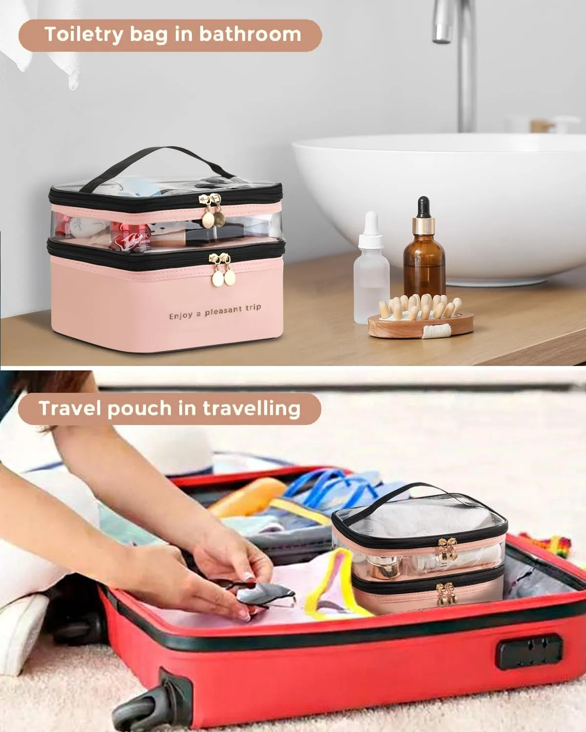 Makeup Bag, Double Layer Cosmetic Case Organizer, Girls Toiletry Bag, Clear Waterproof Cosmetic Bags, for Women Traveling Accessories Bottles, Brushes, Skin Care Products (Orange Pink)