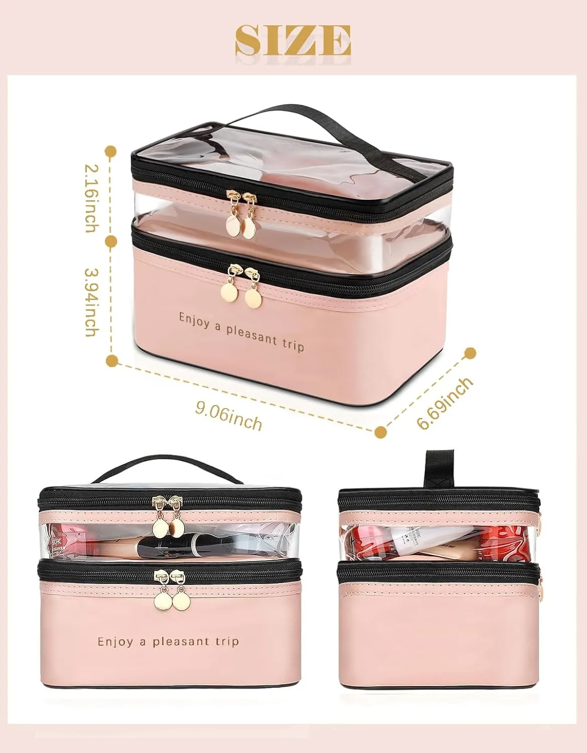 Makeup Bag, Double Layer Cosmetic Case Organizer, Girls Toiletry Bag, Clear Waterproof Cosmetic Bags, for Women Traveling Accessories Bottles, Brushes, Skin Care Products (Orange Pink)