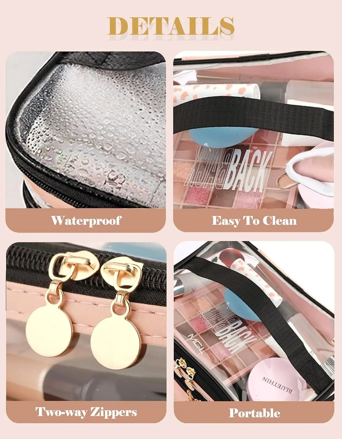 Makeup Bag, Double Layer Cosmetic Case Organizer, Girls Toiletry Bag, Clear Waterproof Cosmetic Bags, for Women Traveling Accessories Bottles, Brushes, Skin Care Products (Orange Pink)
