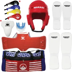 Martial Arts Taekwondo Sparring Gear Equipment Set Headgear Cloth Shin Instep Arm Chest Mouthguard Bag
