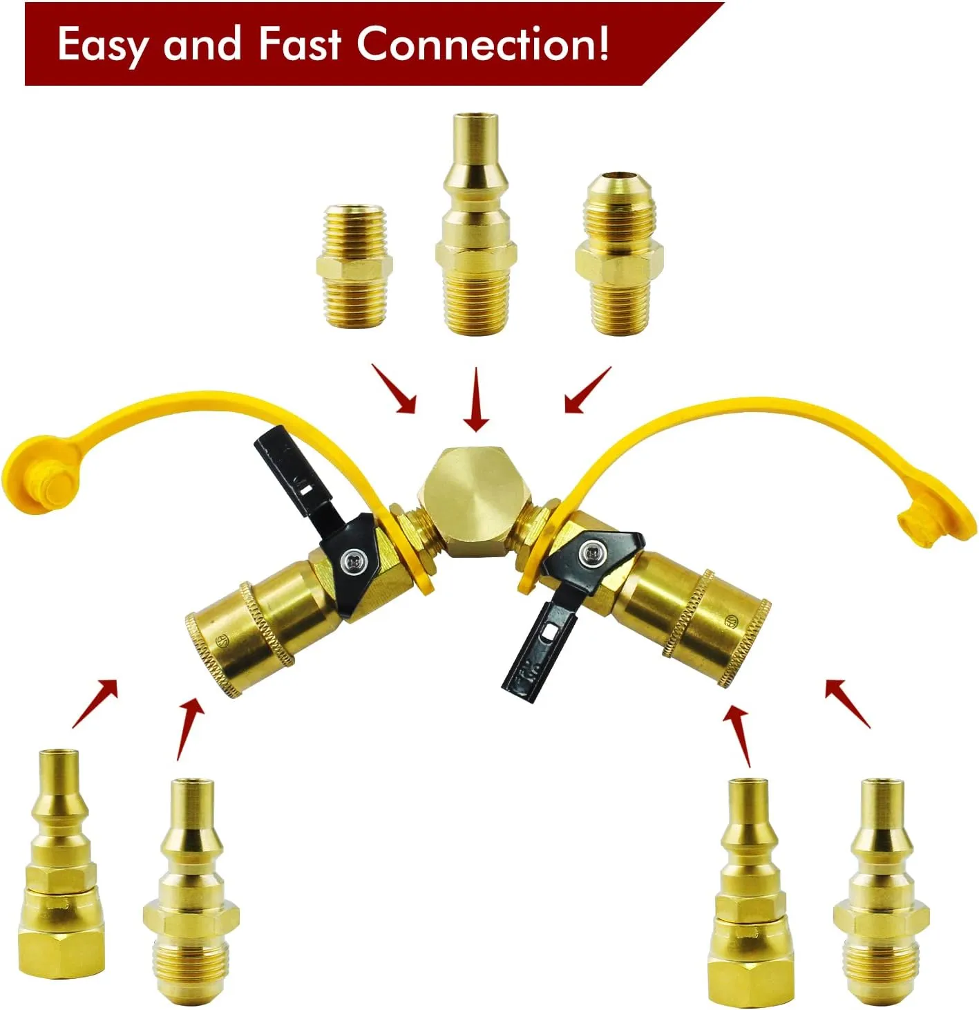 MCAMPAS 1/4" Propane Y Splitter Adapter Kit - 2-Way RV to Grill Quick Connect/Disconnect LP Gas Hose Fitting for Campers, Trailers & Outdoor Cooking Appliances