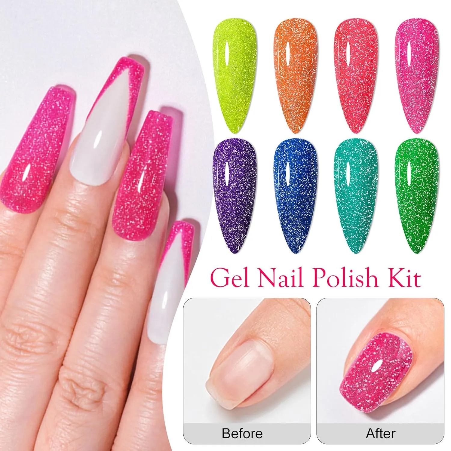 MEET ACROSS Glow in The Dark Gel Nail Polish Set Glitter Luminous Neon Nail Gel Polish 8PCS Royal Blue Glitter Gel Nail Polish Green Active Glow Nail Polish for DIY Nail Art Design