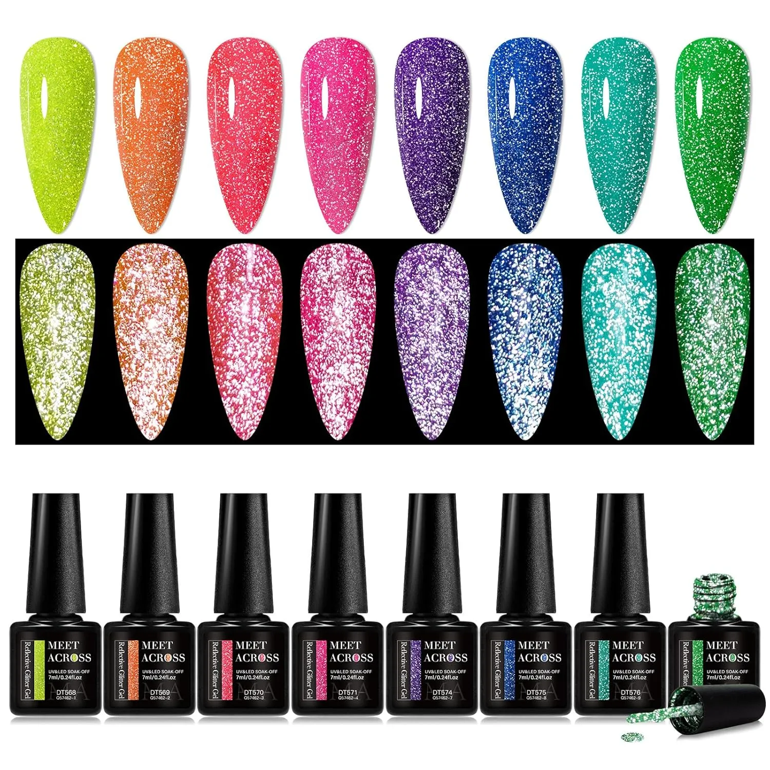 MEET ACROSS Glow in The Dark Gel Nail Polish Set Glitter Luminous Neon Nail Gel Polish 8PCS Royal Blue Glitter Gel Nail Polish Green Active Glow Nail Polish for DIY Nail Art Design