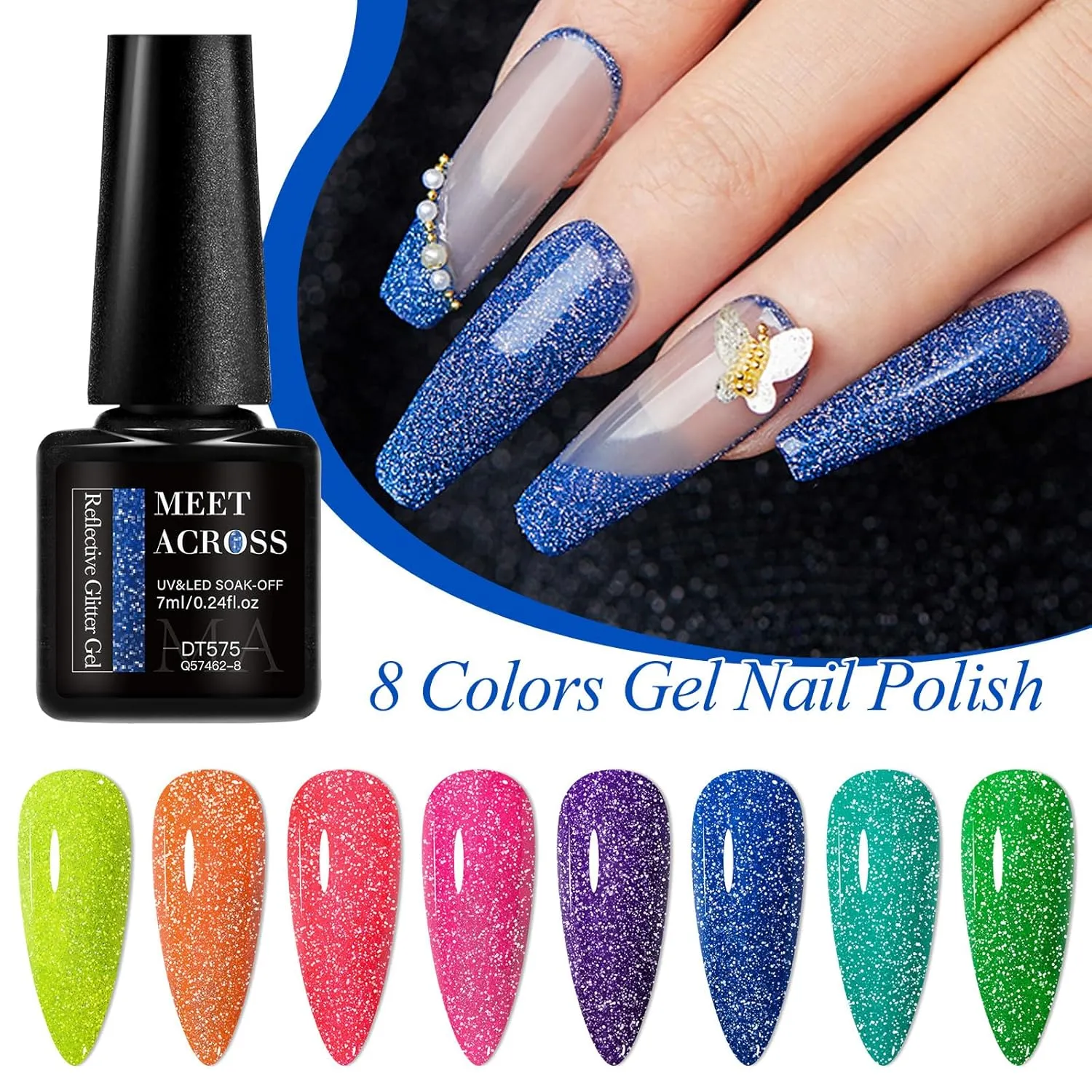MEET ACROSS Glow in The Dark Gel Nail Polish Set Glitter Luminous Neon Nail Gel Polish 8PCS Royal Blue Glitter Gel Nail Polish Green Active Glow Nail Polish for DIY Nail Art Design
