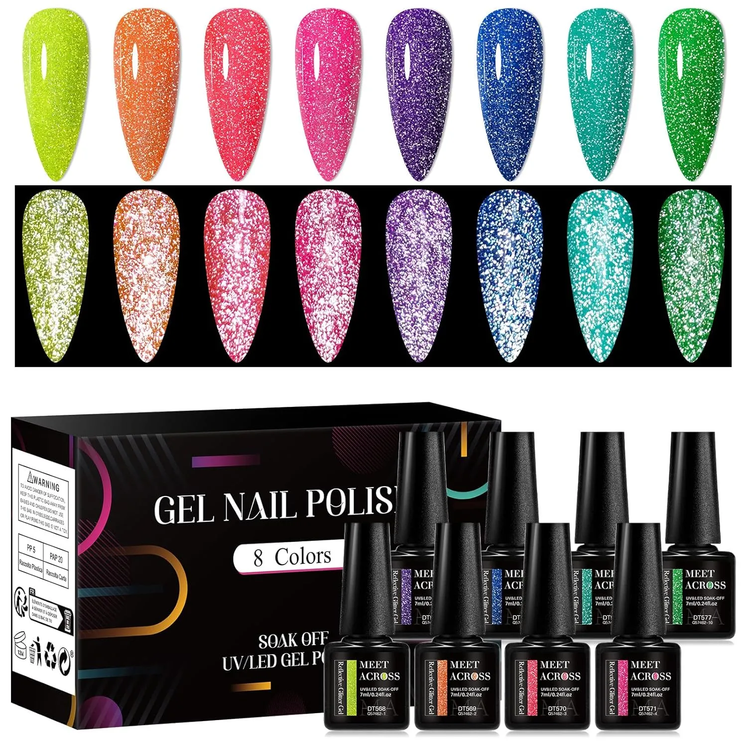 MEET ACROSS Glow in The Dark Gel Nail Polish Set Glitter Luminous Neon Nail Gel Polish 8PCS Royal Blue Glitter Gel Nail Polish Green Active Glow Nail Polish for DIY Nail Art Design