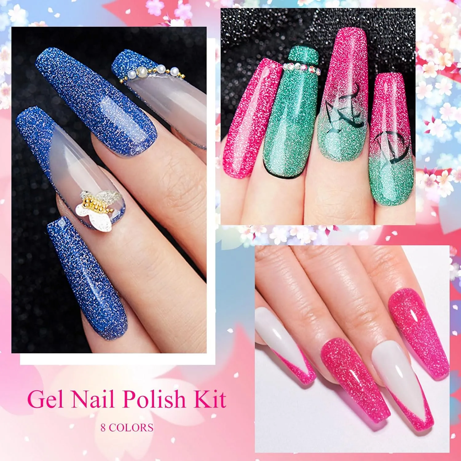 MEET ACROSS Glow in The Dark Gel Nail Polish Set Glitter Luminous Neon Nail Gel Polish 8PCS Royal Blue Glitter Gel Nail Polish Green Active Glow Nail Polish for DIY Nail Art Design