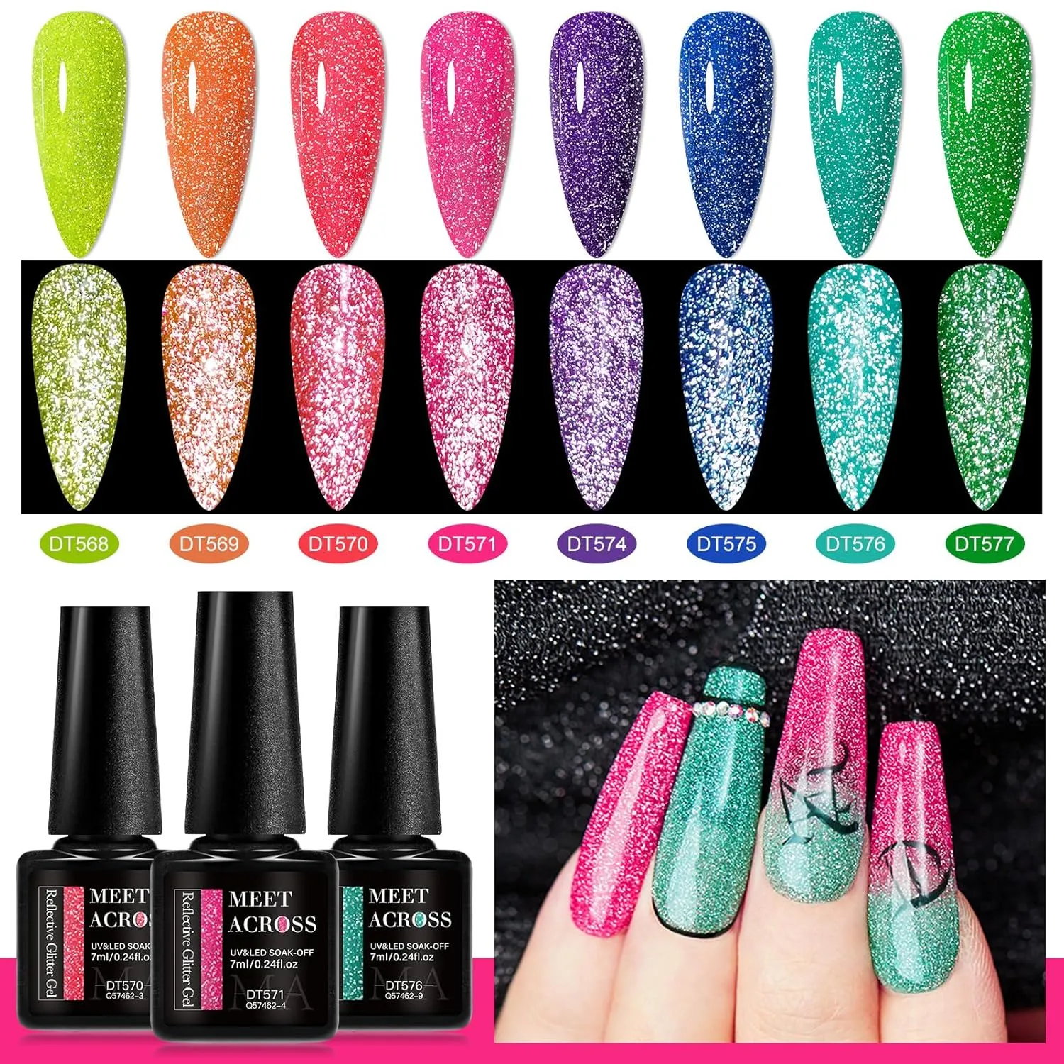 MEET ACROSS Glow in The Dark Gel Nail Polish Set Glitter Luminous Neon Nail Gel Polish 8PCS Royal Blue Glitter Gel Nail Polish Green Active Glow Nail Polish for DIY Nail Art Design
