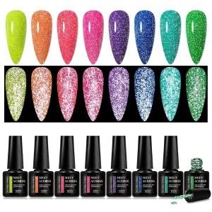 MEET ACROSS Glow in The Dark Gel Nail Polish Set Glitter Luminous Neon Nail Gel Polish 8PCS Royal Blue Glitter Gel Nail Polish Green Active Glow Nail Polish for DIY Nail Art Design