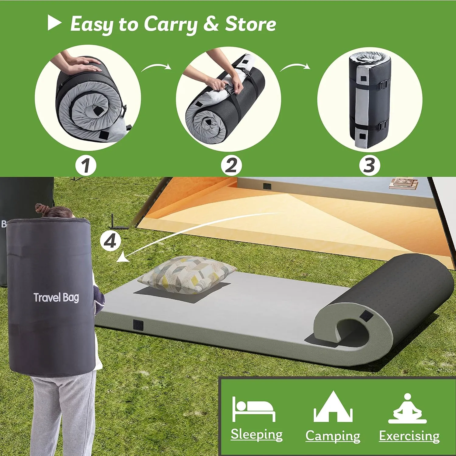 Memory Foam Camping Mattress 2.5 inch, Kids Portable Roll Up Camping Sleep Topper with Waterproof and Non-Slip Bottom, Camping Car Mat with Travel Bag, 63"×26"×2.5", Grey