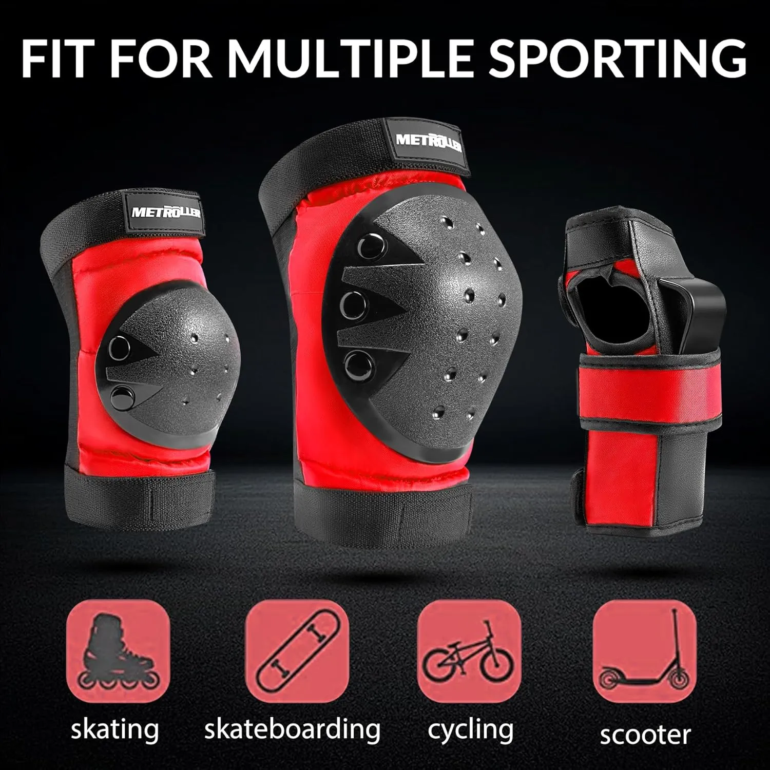 METROLLER Adult & Kids Protective Gear Set for Men, Women Youth Knee Pads, Elbow Pads & Wrist Guards 3 in 1 for Skateboarding Multi-Sports Protective Gear