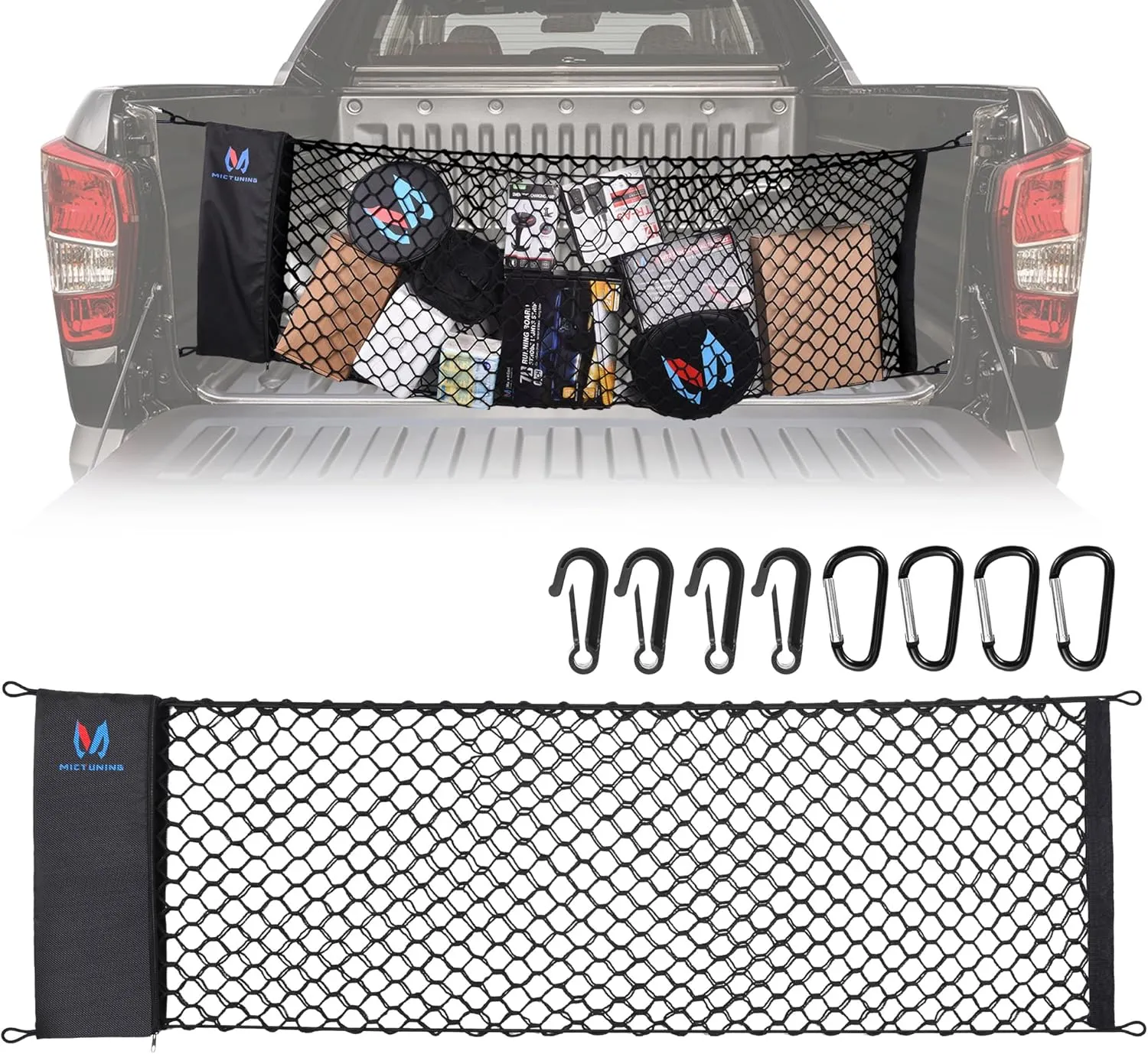 MICTUNING Truck Bed Cargo Net Highly Elastic Cargo Net with Storage Bag Small Mesh Durable Storage Organizer Compatible for 2013-2024 Chevy Silverado (16.9" X 49" to 62")
