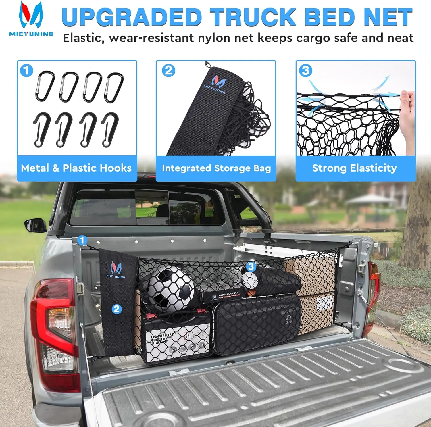 MICTUNING Truck Bed Cargo Net Highly Elastic Cargo Net with Storage Bag Small Mesh Durable Storage Organizer Compatible for 2013-2024 Chevy Silverado (16.9" X 49" to 62")