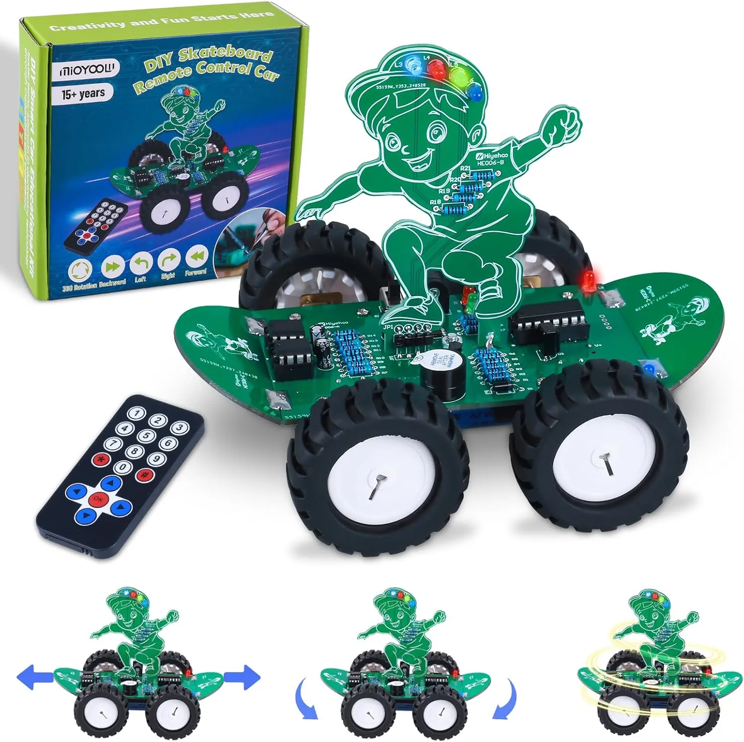 MiOYOOW DIY 360° Rotating RC Car Kit, 5 Speed Rechargeable Remote Control Soldering Practice Kit, STEM Electronic Learning Projects Outdoor Skateboard Smart Car Toy for 15  Years Old Presents