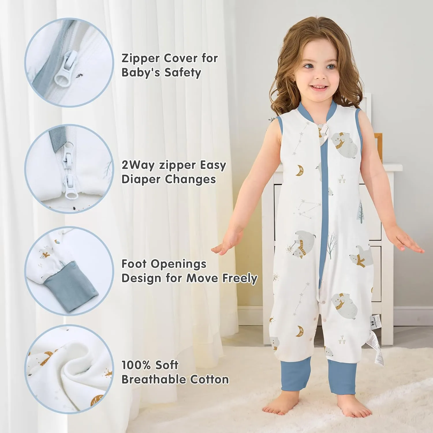 Miracle Baby Toddler Sleep Sack with Feet, 1.0 TOG Wearable Blanket Baby with Legs Sleeveless Baby Sleeping Bag for Walker