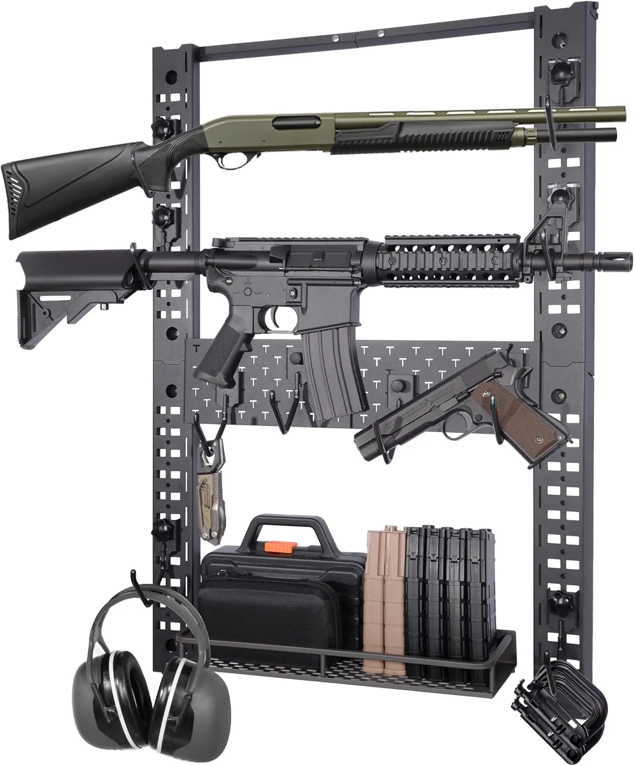 Modularity Gun Wall Mount, Hold Up 120LBS Gun Rack for Wall with 10 Mounting J-Hooks, Rifle Shotgun Rack with Additional Storage, 31.8" x 22" Tactical Gear Wall Mount, Functional Gun Racks