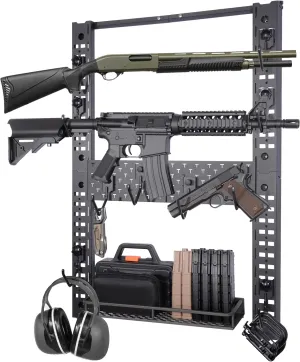 Modularity Gun Wall Mount, Hold Up 120LBS Gun Rack for Wall with 10 Mounting J-Hooks, Rifle Shotgun Rack with Additional Storage, 31.8" x 22" Tactical Gear Wall Mount, Functional Gun Racks