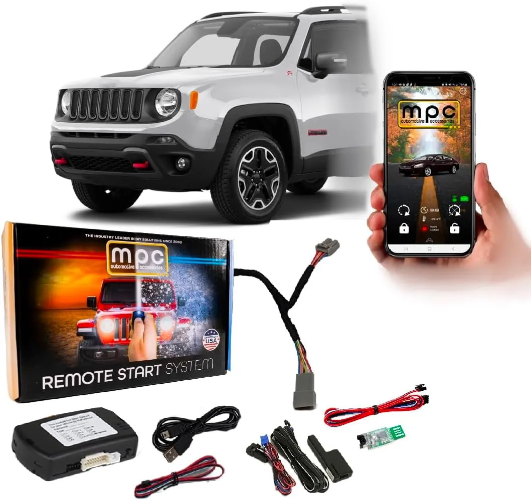 MPC Remote Starter with Smartphone Control Compatible with 2015-2017 Jeep Renegade |Gas| |Push-to-Start| Plugin T-Harness - Smartphone or Factory Key Fob Activated - FlashLink Updater