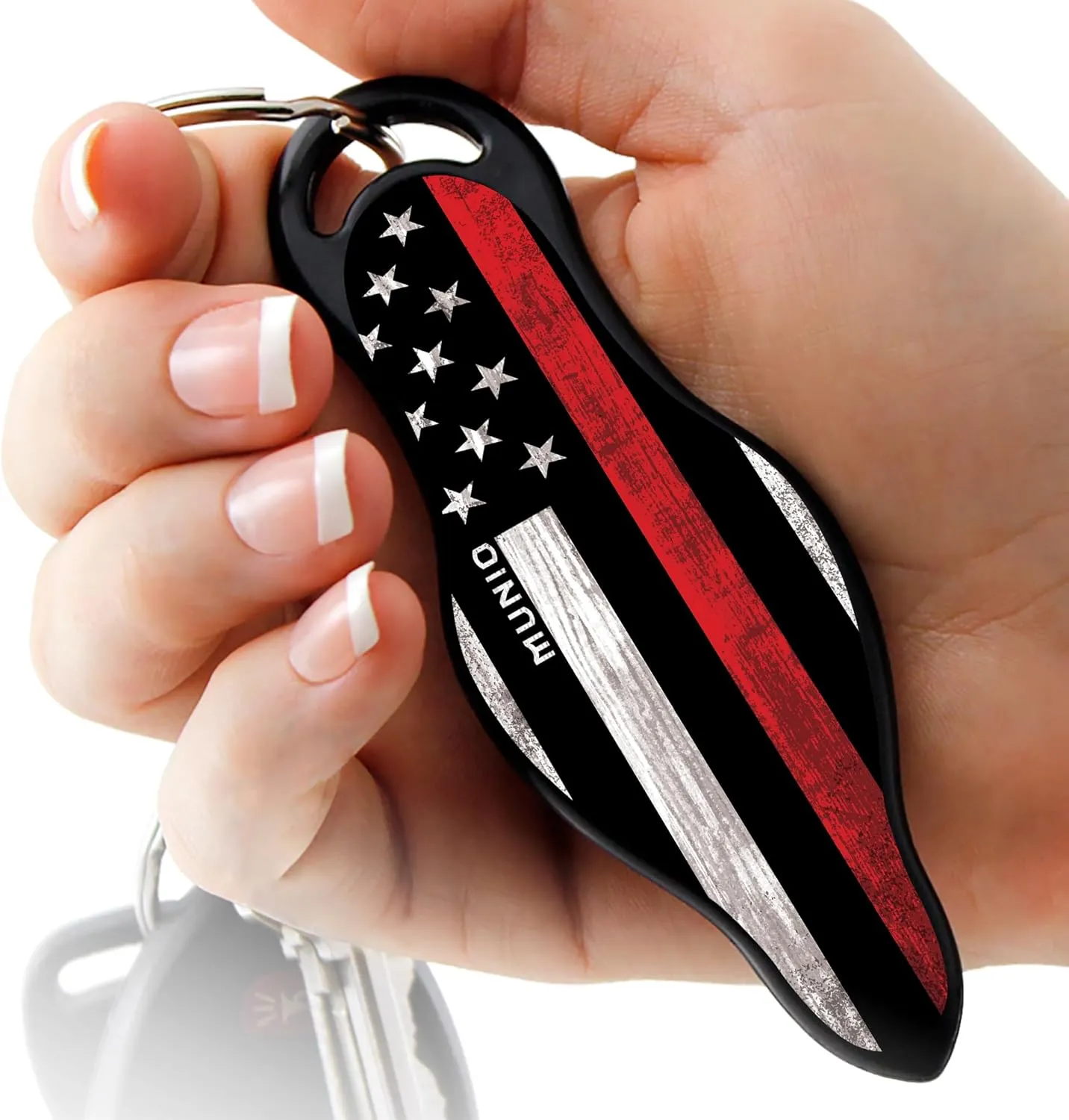 MUNIO Original Self Defense Keychain Kit - Self Protection Personal Safety Essentials, Portable Defense Kubotan, Legal for Airplane Carry - TSA Approved - Made in USA (Thin Red Line)