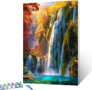 Native American Paint by Numbers Kits with Brushes and Acrylic Pigment on Canvas Painting for Adults, Waterfallat Sunset Arts Crafts Project Home Decor Landscape Gifts 16"x20" inch (DIY Framed)
