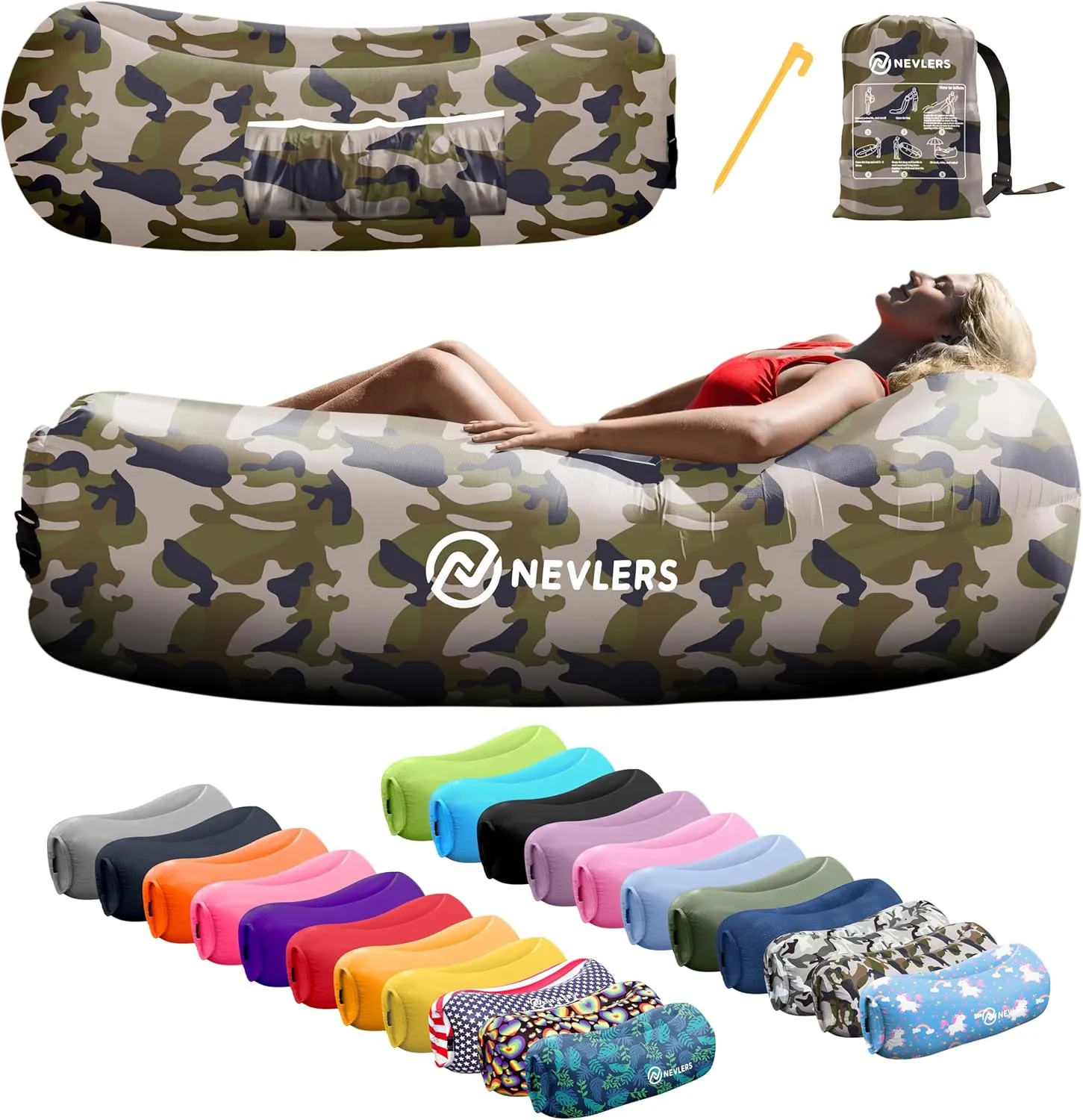 Nevlers Camo Inflatable Lounger | 210T Polyester Air Couch | No-Pump Blow Up Couch | Air Sofa w/ 450 lbs. Capacity, Pockets & Matching Bag | Use as Inflatable Chair for Kids & Adults for Camping Fun