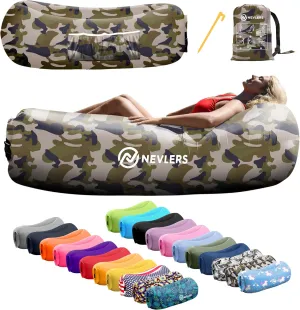 Nevlers Camo Inflatable Lounger | 210T Polyester Air Couch | No-Pump Blow Up Couch | Air Sofa w/ 450 lbs. Capacity, Pockets & Matching Bag | Use as Inflatable Chair for Kids & Adults for Camping Fun
