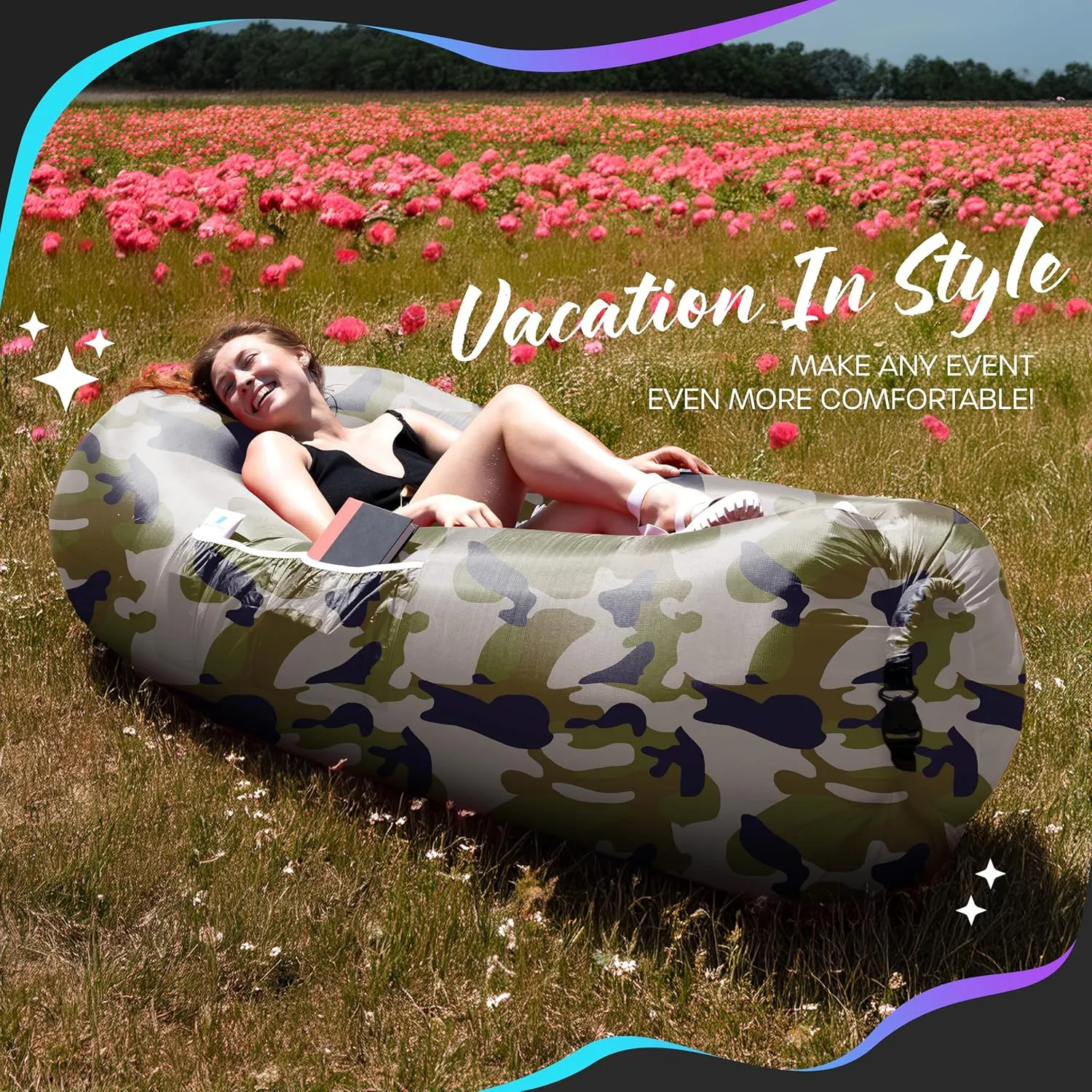 Nevlers Camo Inflatable Lounger | 210T Polyester Air Couch | No-Pump Blow Up Couch | Air Sofa w/ 450 lbs. Capacity, Pockets & Matching Bag | Use as Inflatable Chair for Kids & Adults for Camping Fun