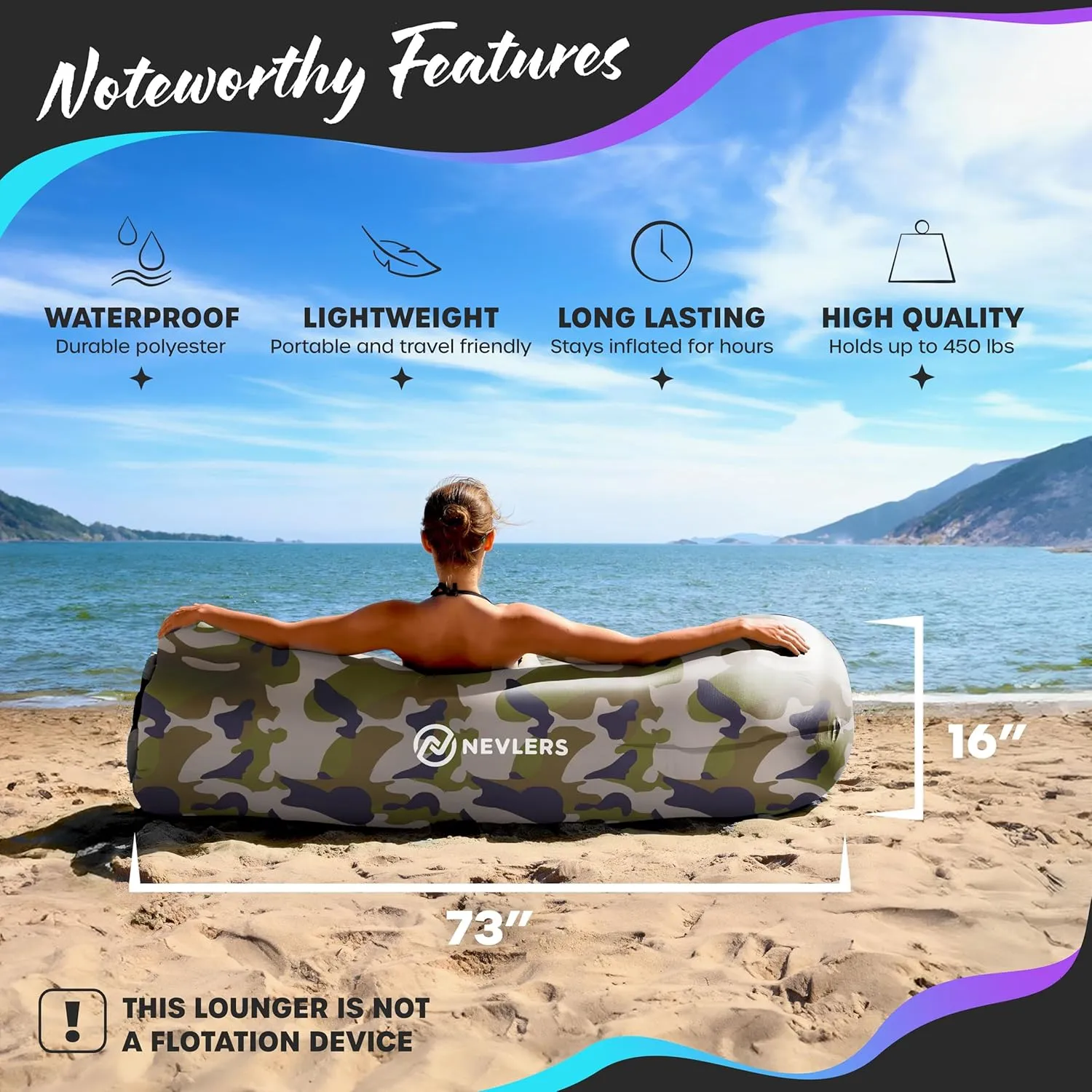 Nevlers Camo Inflatable Lounger | 210T Polyester Air Couch | No-Pump Blow Up Couch | Air Sofa w/ 450 lbs. Capacity, Pockets & Matching Bag | Use as Inflatable Chair for Kids & Adults for Camping Fun