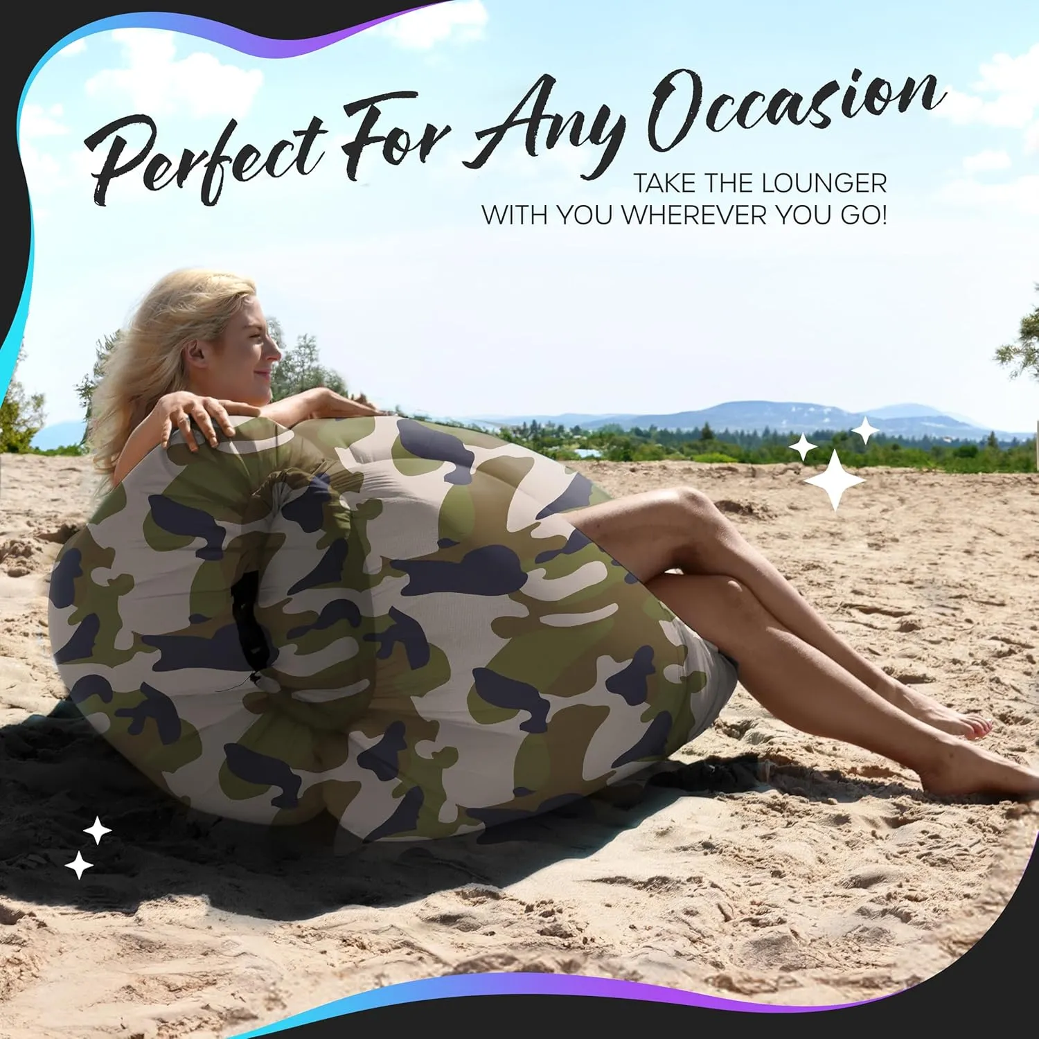 Nevlers Camo Inflatable Lounger | 210T Polyester Air Couch | No-Pump Blow Up Couch | Air Sofa w/ 450 lbs. Capacity, Pockets & Matching Bag | Use as Inflatable Chair for Kids & Adults for Camping Fun
