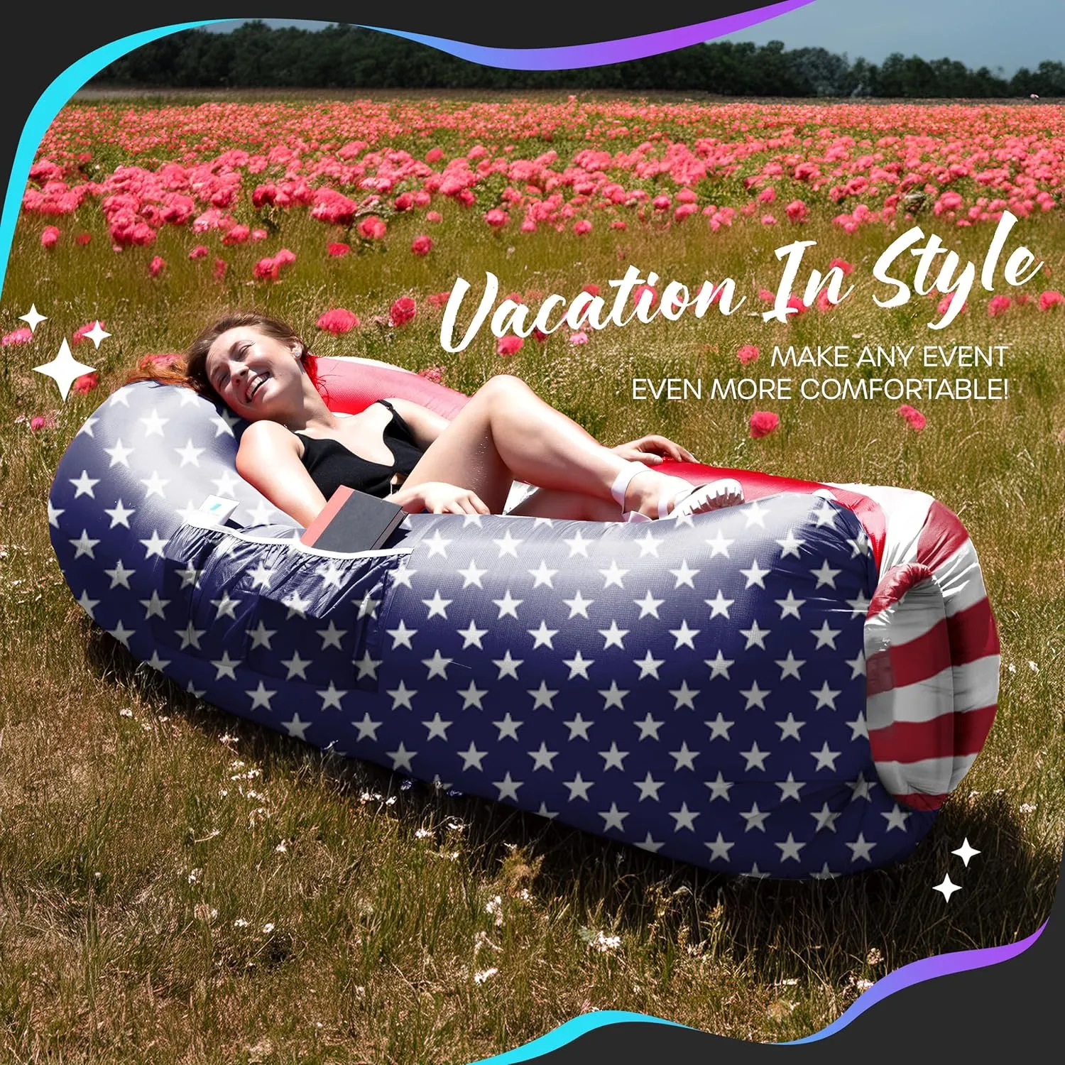 Nevlers Inflatable Lounger | 210T Polyester Inflatable Chair | No-Pump Blow Up Couch | Camping Couch Air Sofa Bed w/ 450 lbs. Cap., Pockets & Matching Bag | Use as Inflatable Couch for Adults & Kids