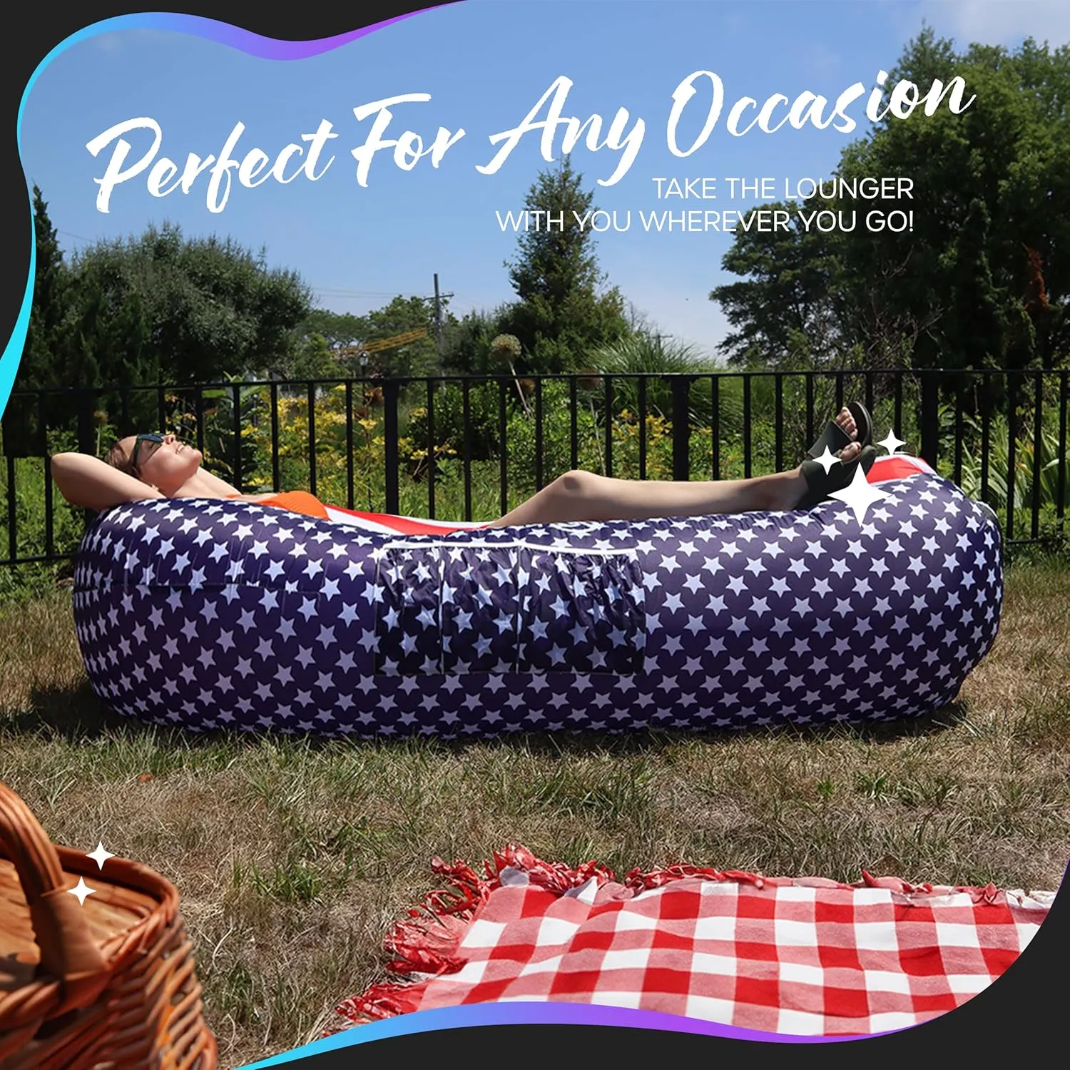 Nevlers Inflatable Lounger | 210T Polyester Inflatable Chair | No-Pump Blow Up Couch | Camping Couch Air Sofa Bed w/ 450 lbs. Cap., Pockets & Matching Bag | Use as Inflatable Couch for Adults & Kids