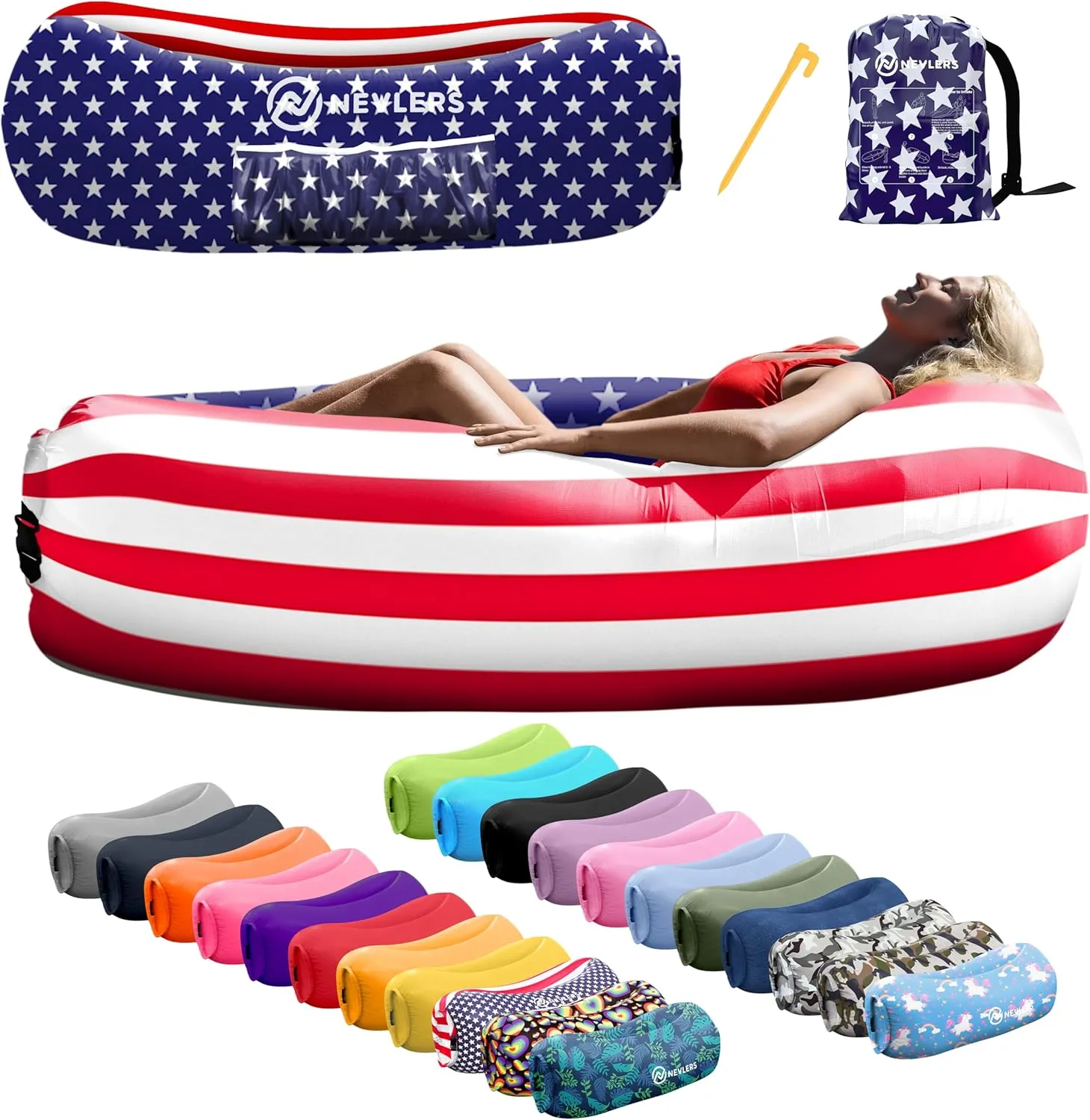 Nevlers Inflatable Lounger | 210T Polyester Inflatable Chair | No-Pump Blow Up Couch | Camping Couch Air Sofa Bed w/ 450 lbs. Cap., Pockets & Matching Bag | Use as Inflatable Couch for Adults & Kids