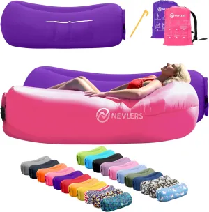Nevlers Purple & Pink Air Chair Inflatable Lounger 2 Pack | 210T Polyester Blow Up Couch w/Accessories | 450 Lbs. Capacity Outdoor Inflatable Couch for Camping, Travel Beach Chair & Portable Hammock