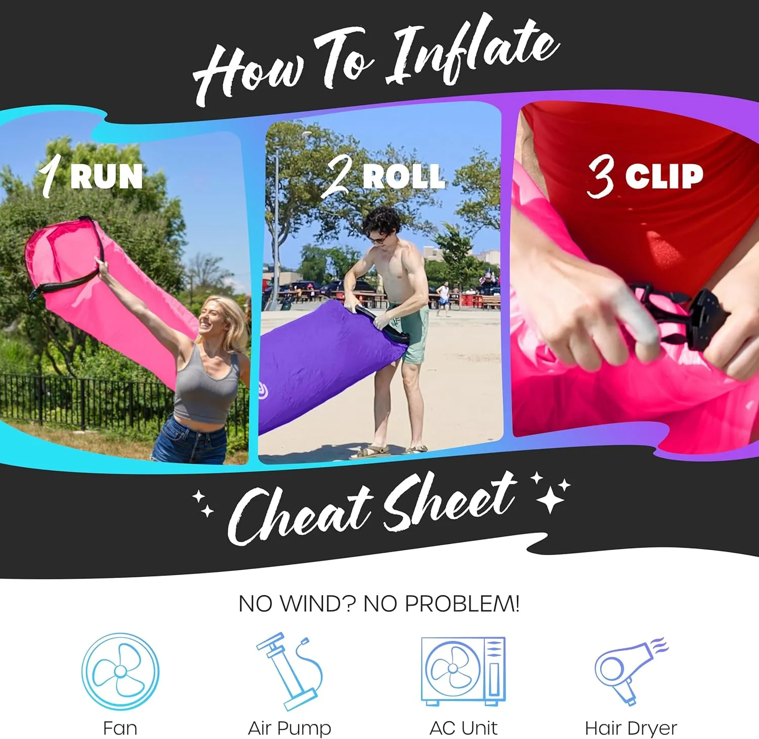 Nevlers Purple & Pink Air Chair Inflatable Lounger 2 Pack | 210T Polyester Blow Up Couch w/Accessories | 450 Lbs. Capacity Outdoor Inflatable Couch for Camping, Travel Beach Chair & Portable Hammock