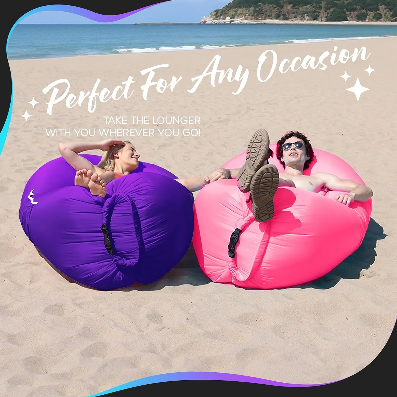 Nevlers Purple & Pink Air Chair Inflatable Lounger 2 Pack | 210T Polyester Blow Up Couch w/Accessories | 450 Lbs. Capacity Outdoor Inflatable Couch for Camping, Travel Beach Chair & Portable Hammock