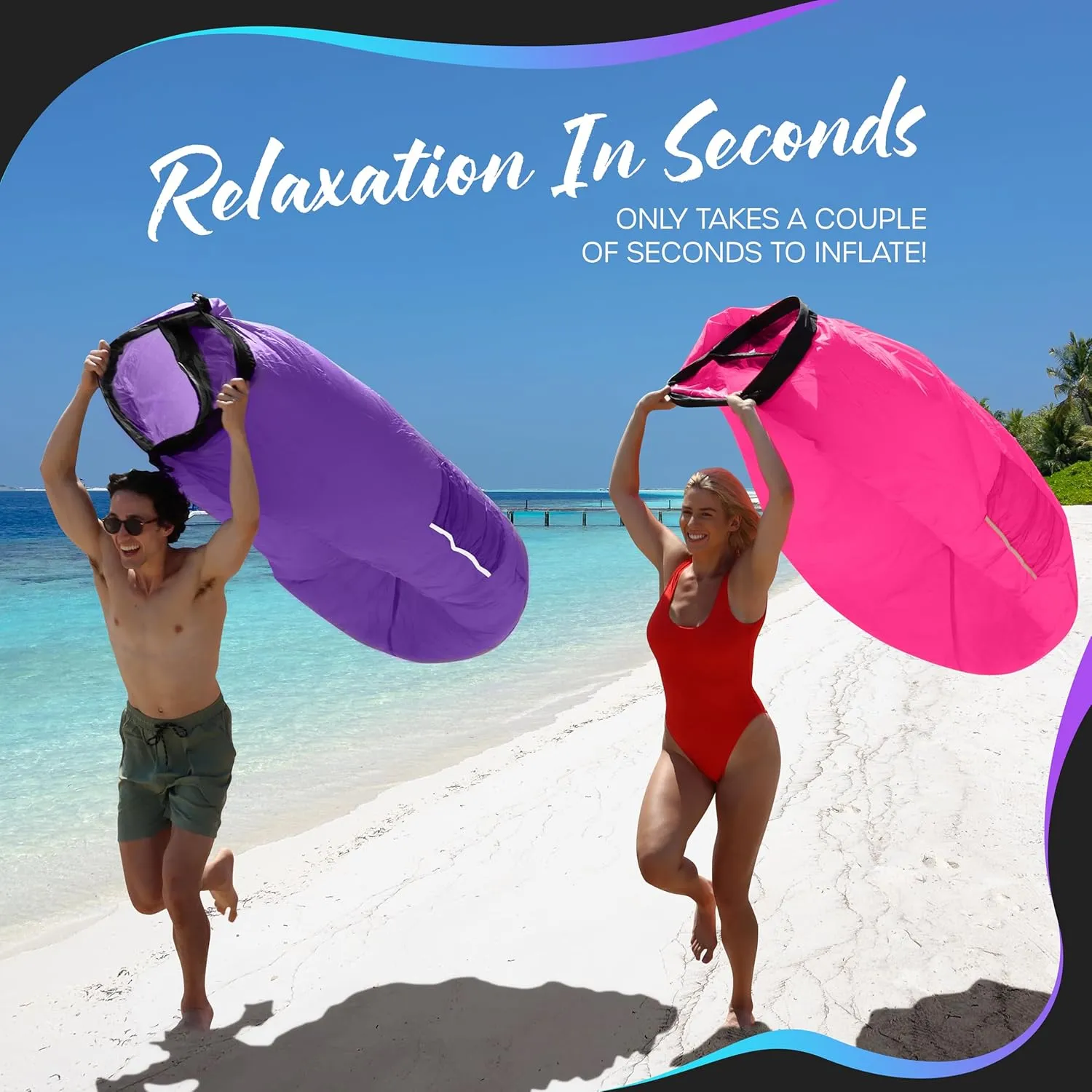 Nevlers Purple & Pink Air Chair Inflatable Lounger 2 Pack | 210T Polyester Blow Up Couch w/Accessories | 450 Lbs. Capacity Outdoor Inflatable Couch for Camping, Travel Beach Chair & Portable Hammock