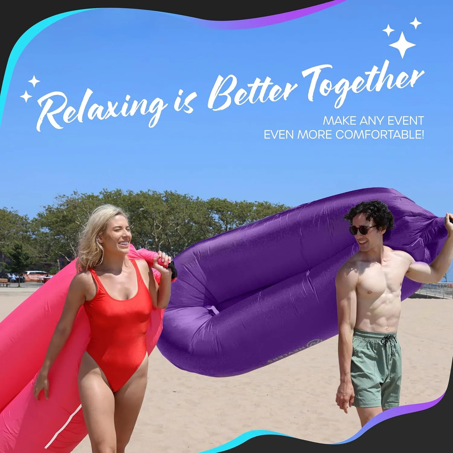 Nevlers Purple & Pink Air Chair Inflatable Lounger 2 Pack | 210T Polyester Blow Up Couch w/Accessories | 450 Lbs. Capacity Outdoor Inflatable Couch for Camping, Travel Beach Chair & Portable Hammock