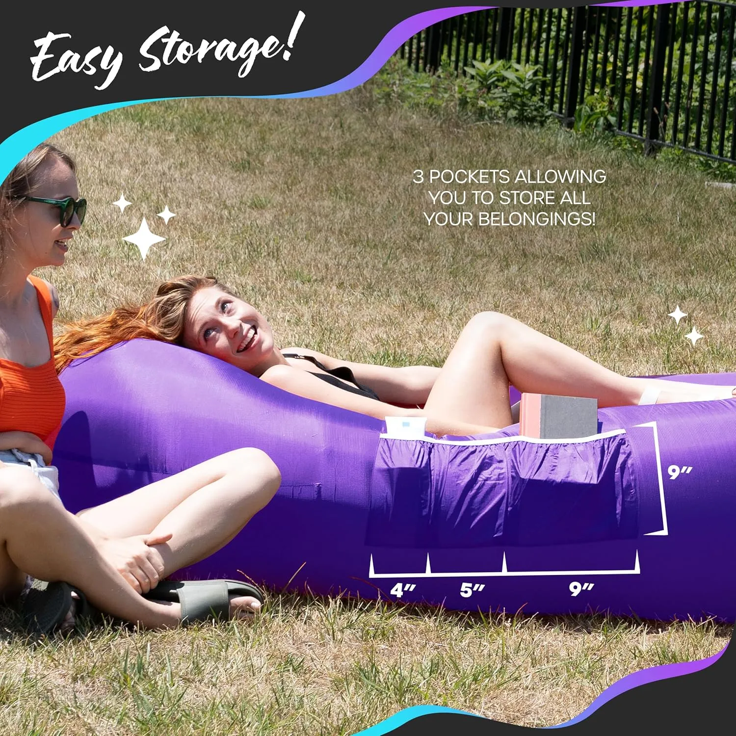 Nevlers Purple & Pink Air Chair Inflatable Lounger 2 Pack | 210T Polyester Blow Up Couch w/Accessories | 450 Lbs. Capacity Outdoor Inflatable Couch for Camping, Travel Beach Chair & Portable Hammock