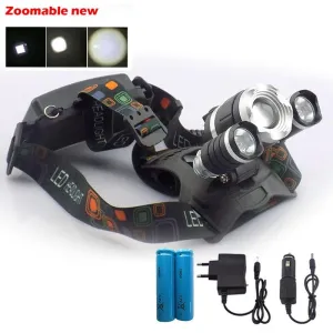 New Zoomable focus  T6 Led Headlamp 5000 lumen Powerful Head Light Lamp Torch Frontale Flashlight 18650 battery with charger