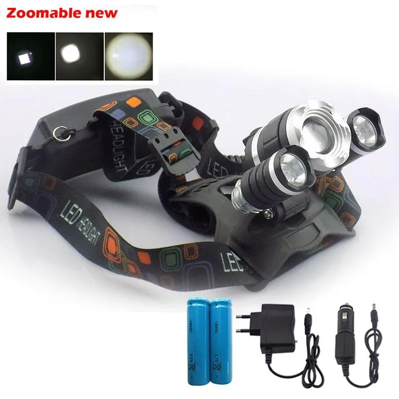 New Zoomable focus  T6 Led Headlamp 5000 lumen Powerful Head Light Lamp Torch Frontale Flashlight 18650 battery with charger