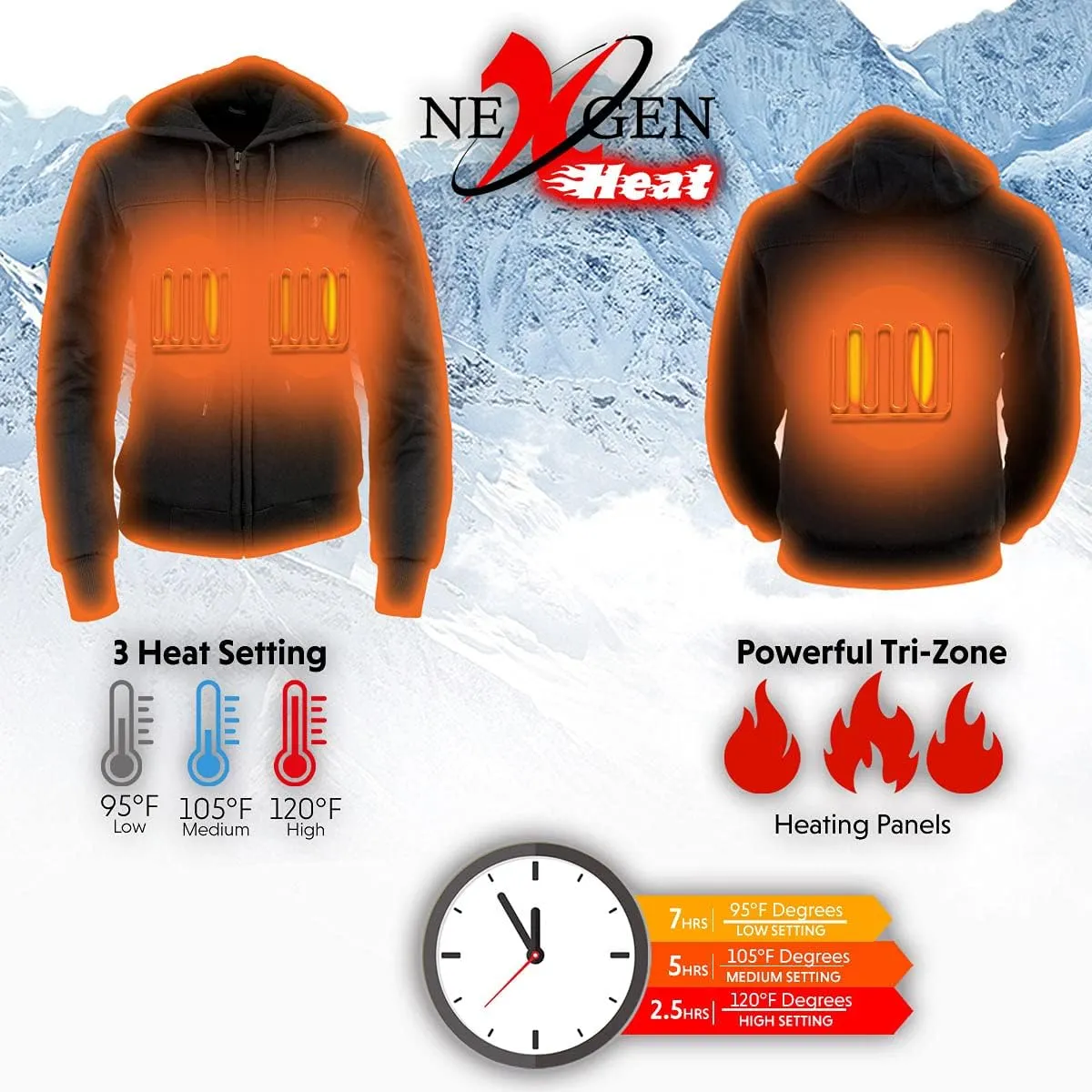 Nexgen Heat MPL2713SET Women Black 'Heated' Front Zipper Fiery Hoodie Jacket for Outdoor Activities w/Battery Pack