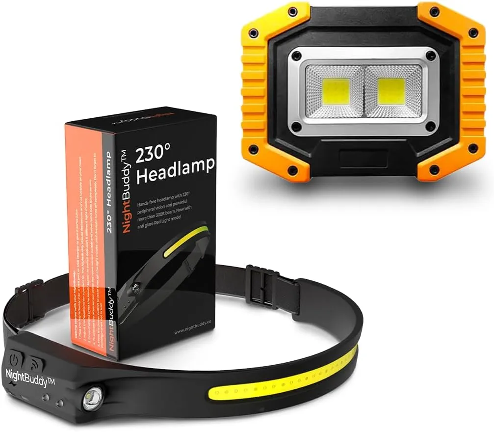 NightBuddy Original LED Headlamp Rechargeable Flashlight Adults Camping Essentials Backpacking Lights 4X Brighter Headband Lamp 5 Light Modes Hiking Gear Must Haves (Headlamp   Floodlight)
