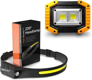 NightBuddy Original LED Headlamp Rechargeable Flashlight Adults Camping Essentials Backpacking Lights 4X Brighter Headband Lamp 5 Light Modes Hiking Gear Must Haves (Headlamp   Floodlight)