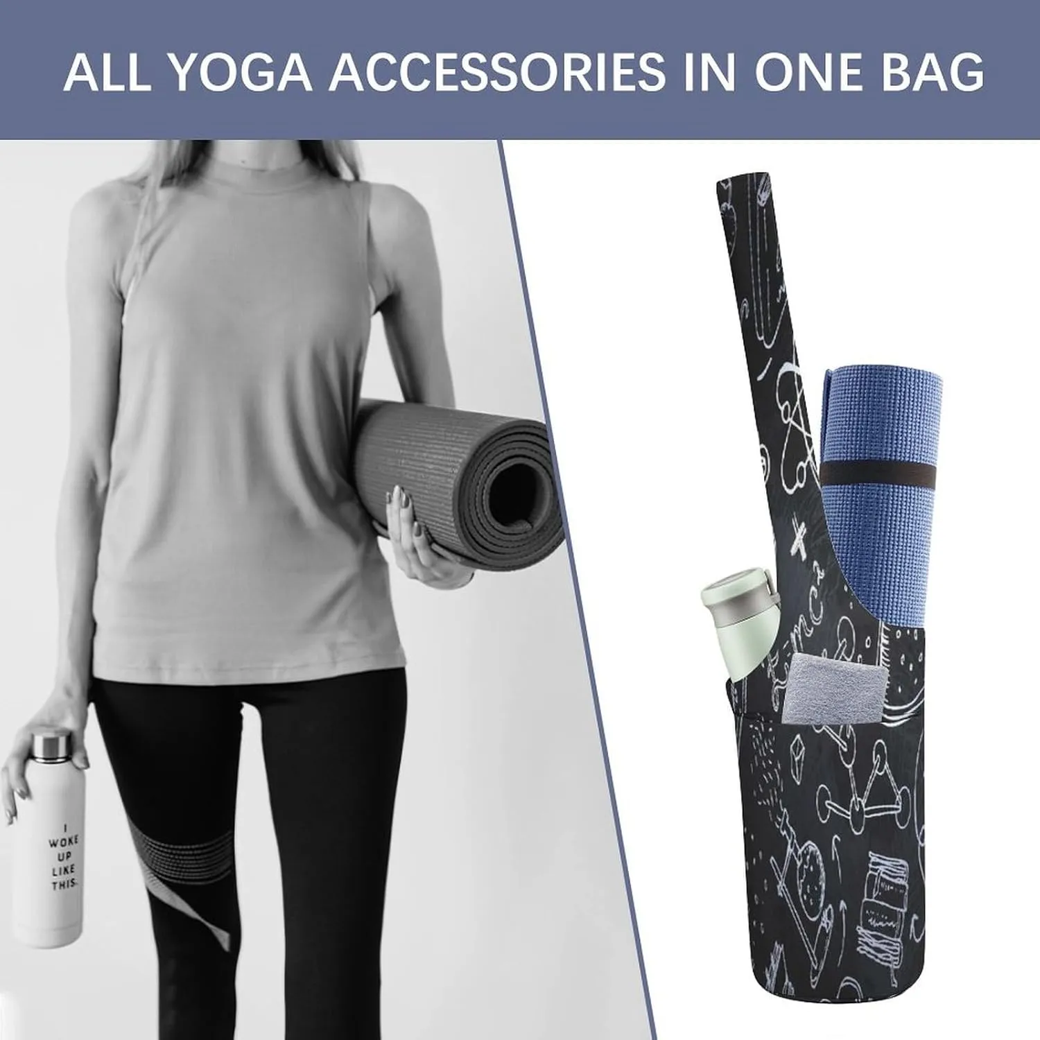 Nugier Yoga Mat Bag, Soft Canvas Storage Bag Fashion Mat Bag Pocket Shoulder Strap Clothes Dorm Organizer Print White Science Lab Objects Doodles on Chalkboard