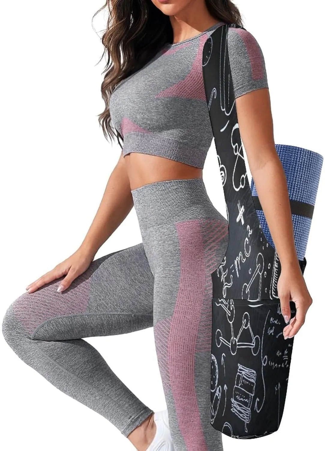 Nugier Yoga Mat Bag, Soft Canvas Storage Bag Fashion Mat Bag Pocket Shoulder Strap Clothes Dorm Organizer Print White Science Lab Objects Doodles on Chalkboard