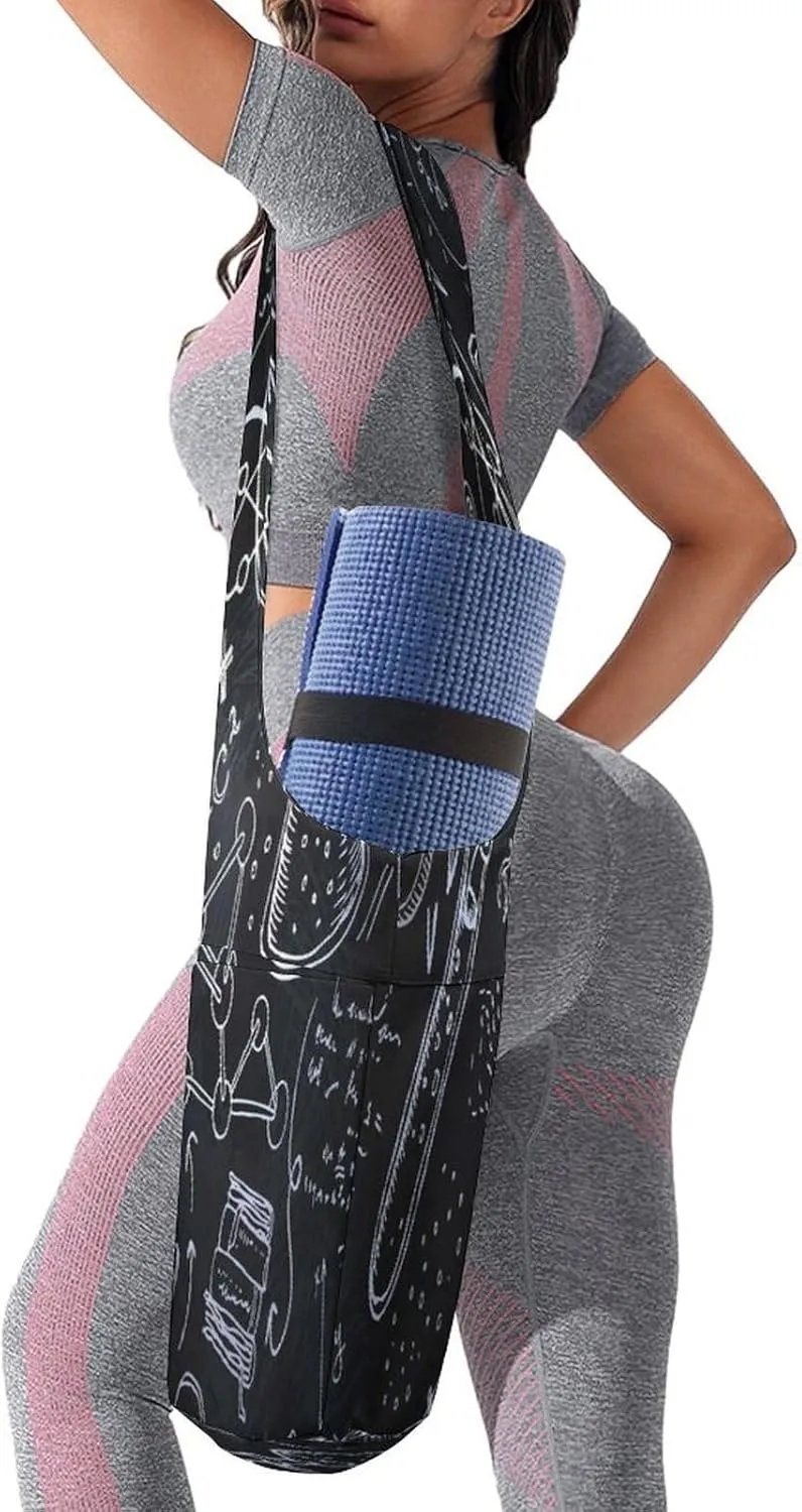Nugier Yoga Mat Bag, Soft Canvas Storage Bag Fashion Mat Bag Pocket Shoulder Strap Clothes Dorm Organizer Print White Science Lab Objects Doodles on Chalkboard