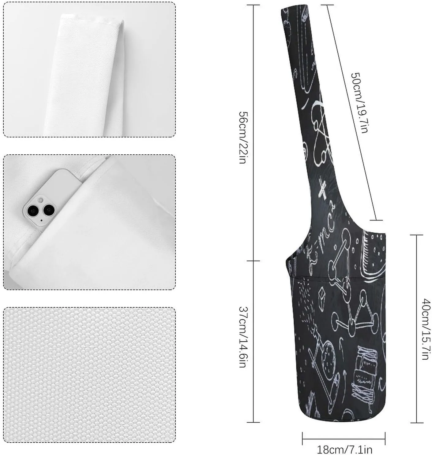 Nugier Yoga Mat Bag, Soft Canvas Storage Bag Fashion Mat Bag Pocket Shoulder Strap Clothes Dorm Organizer Print White Science Lab Objects Doodles on Chalkboard